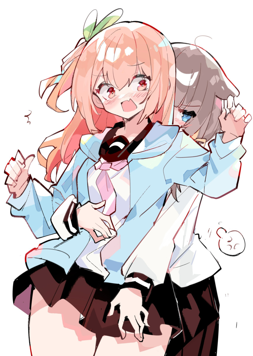 2girls ^^^ absurdres anger_vein aoba_miki blue_eyes blush brown_hair cardigan covered_face escape_into_the_light green_ribbons hair_ribbon hand_on_another's_stomach hand_on_another's_thigh highres hood hooded_cardigan hug hug_from_behind katahira_tsumugi long_sleeves multiple_girls neckerchief oerba_yun_fang one_side_up open_cardigan open_clothes open_mouth pink_eyes pink_hair pink_neckerchief ribbon school_uniform serafuku shirt simple_background skin_fang spoken_anger_vein white_background white_shirt yuri zhanzhangzlw