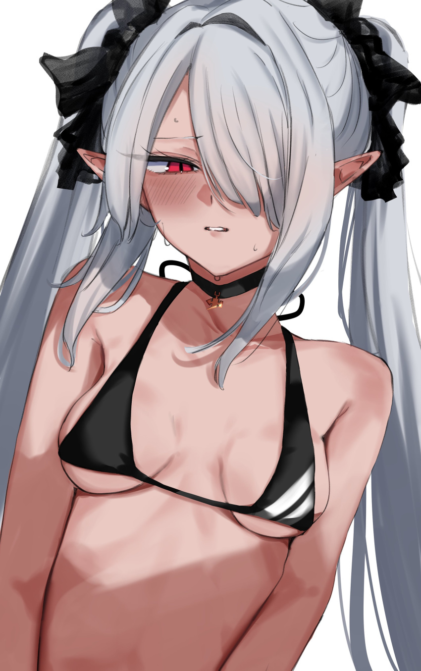 absurdres bikini blue_archive breasts dark_elf dark_skin elf female hair_over_one_eye highres iori_(blue_archive) iori_(swimsuit)_(blue_archive) long_hair pointy_ears red_eyes showtime775 simple_background small_breasts sweat swimsuit twintails white_background white_hair