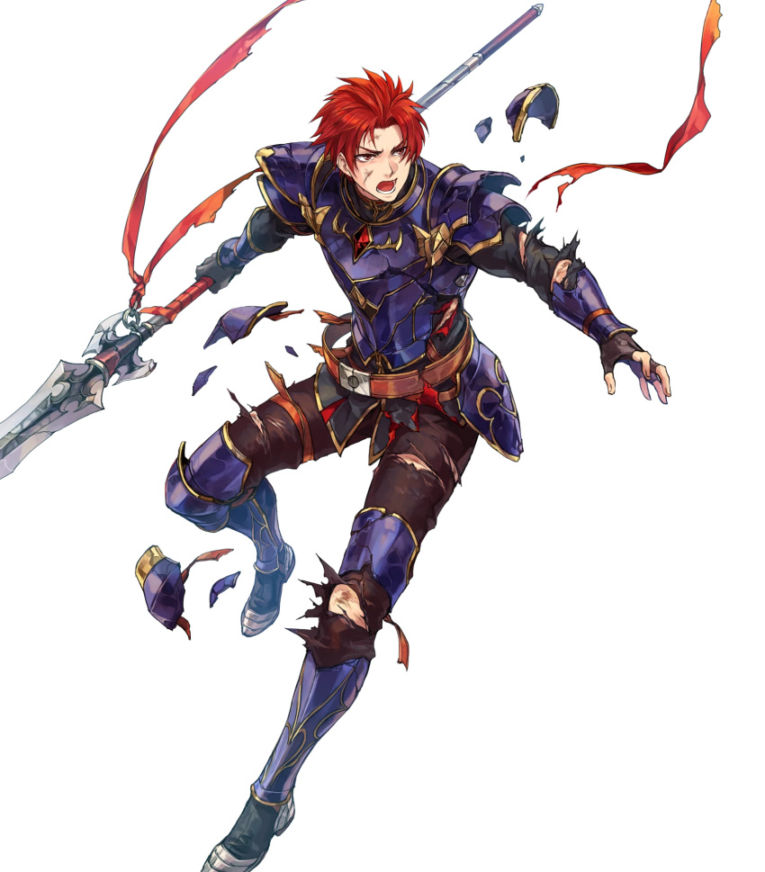 1boy armor blue_armor broken_armor fingerless_gloves fire_emblem fire_emblem:_the_binding_blade fire_emblem_heroes gloves hagiya_kaoru highres holding holding_polearm holding_weapon non-web_source open_mouth polearm red_eyes red_hair short_hair single_fingerless_glove solo spear torn_clothes weapon zeiss_(fire_emblem)