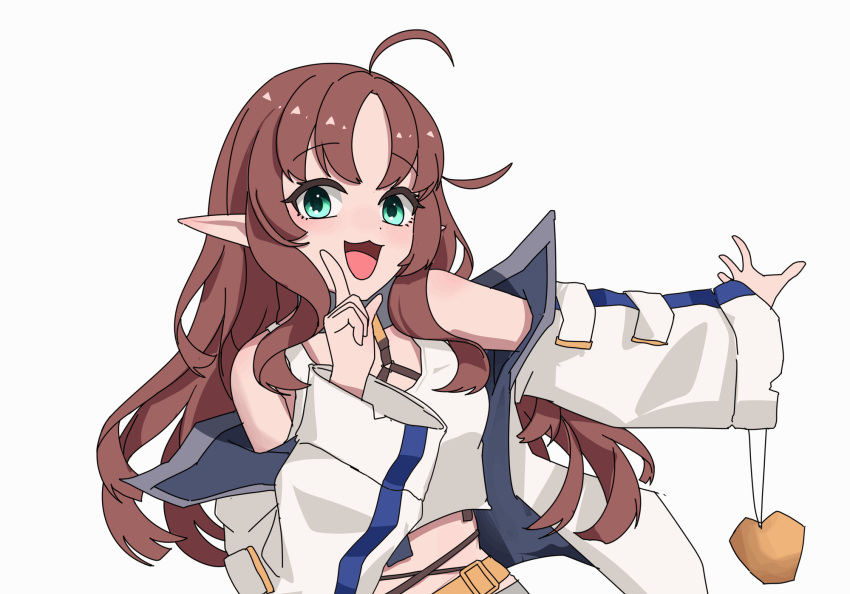 :d ahoge animated animated anime_coloring arknights bare_shoulders brown_hair chinese_commentary commentary_request crop_top english_commentary eyes_visible_through_hair female finger_to_cheek green_eyes grey_background hand_up highres hoshino_ruby_dance jacket long_hair long_sleeves looking_at_viewer mixed-language_commentary myrtle_(arknights) off_shoulder open_mouth orangeizumi oshi_no_ko outstretched_arm pointy_ears simple_background sleeveless smile solo tank_top upper_body white_jacket white_tank_top