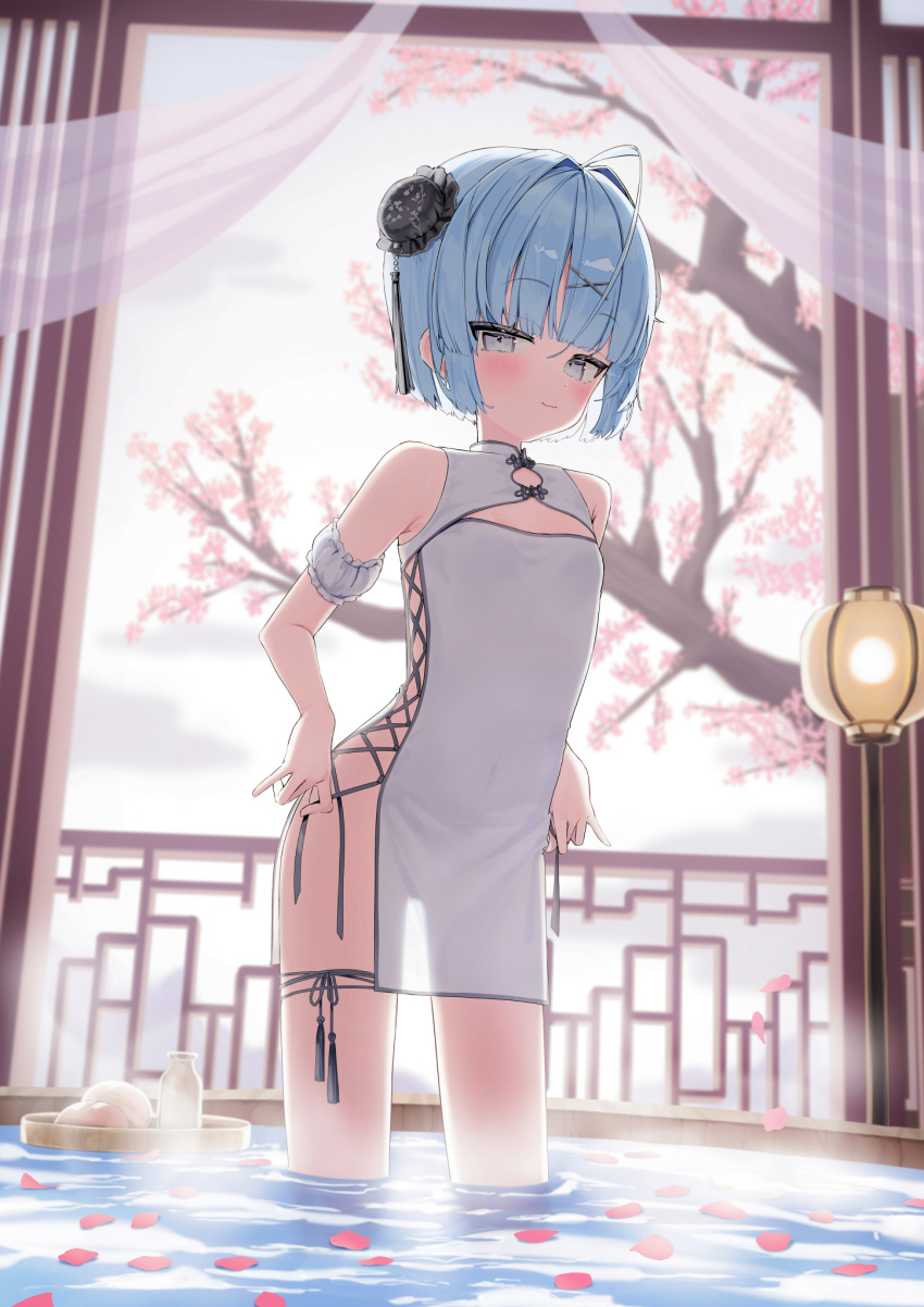 :3 ahoge arm_garter armpit_crease backlighting baozi bare_shoulders blue_eyes blue_hair blunt_bangs blurry blurry_background blush bottle bun_cover cherry_blossoms china_dress chinese_clothes closed_mouth commentary covered_navel day depth_of_field dress feet_out_of_frame female flat_chest food hair_ornament half-closed_eyes highres holding holding_string huge_ahoge indoors koyubita lamp leaning_forward looking_at_viewer milk_bottle onsen original pelvic_curtain petals petals_on_liquid pussy see-through_clothes see-through_dress see-through_silhouette short_hair side_slit solo standing steam string symbol-only_commentary tassel tassel_hair_ornament three_quarter_view wading water white_dress wooden_bathtub x_hair_ornament