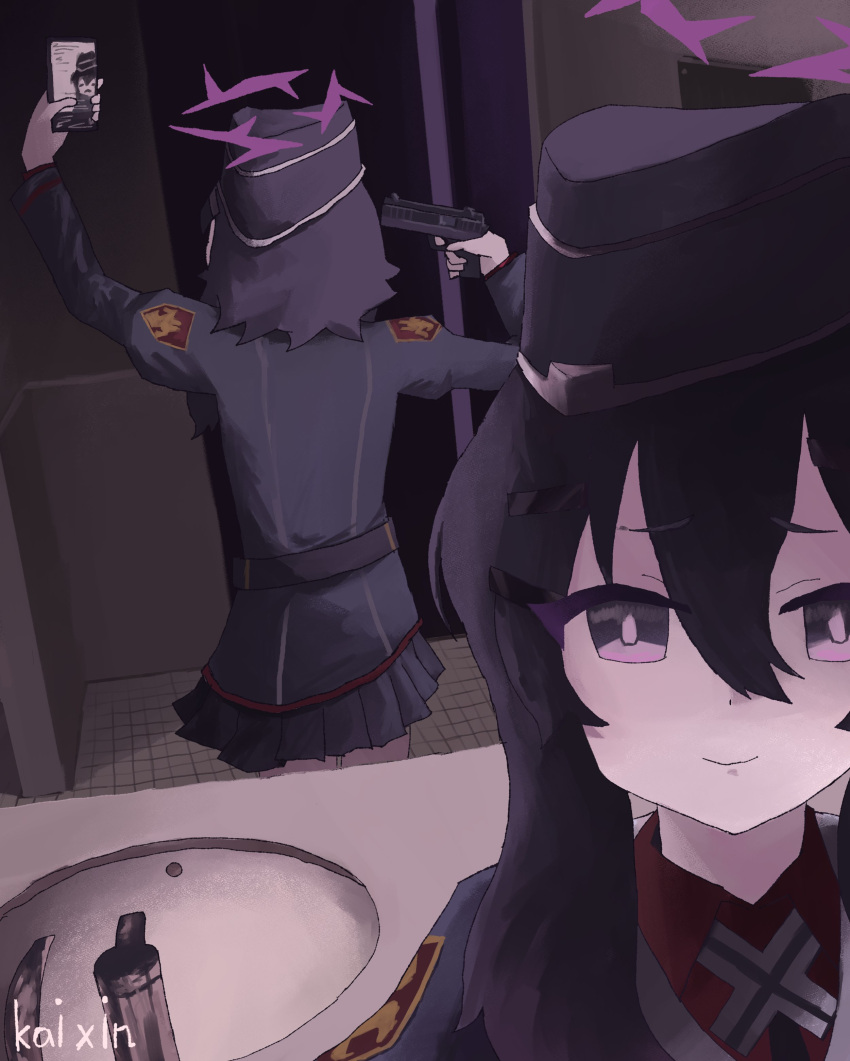 absurdres at_gunpoint blue_archive cellphone female finger_on_trigger gun gun_to_head hair_between_eyes hair_ornament hairclip halo handgun haruka_(blue_archive) hat highres holding holding_gun holding_phone holding_weapon long_sleeves phone purple_eyes purple_hair restroom selfie skirt smartphone taking_picture tile_floor tile_wall tiles weapon zheng_kai_xin