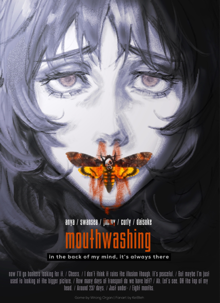 anya_(mouthwashing) black_hair blood bug copyright_name cover death's_head_hawkmoth english_text fake_cover female highres keibleh looking_at_viewer messy_hair mouthwashing movie_poster nosebleed portrait solo straight-on the_silence_of_the_lambs