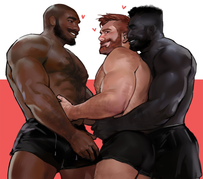 3boys abs arm_hair ass bald bara beard black_male_underwear black_shorts blush boxer_briefs boy_sandwich bulge chest_hair commentary dark-skinned_male dark_skin dopey_(dopq) facial_hair group_sex hairy highres hug hug_from_behind interracial large_pectorals male_focus male_underwear mature_male mmm_threesome moustache multiple_boys muscular muscular_male navel navel_hair nipples original pectorals sandwiched short_hair shorts smile stomach symbol-only_commentary thick_thighs thighs threesome topless_male undercut underwear underwear_only very_dark_skin yaoi