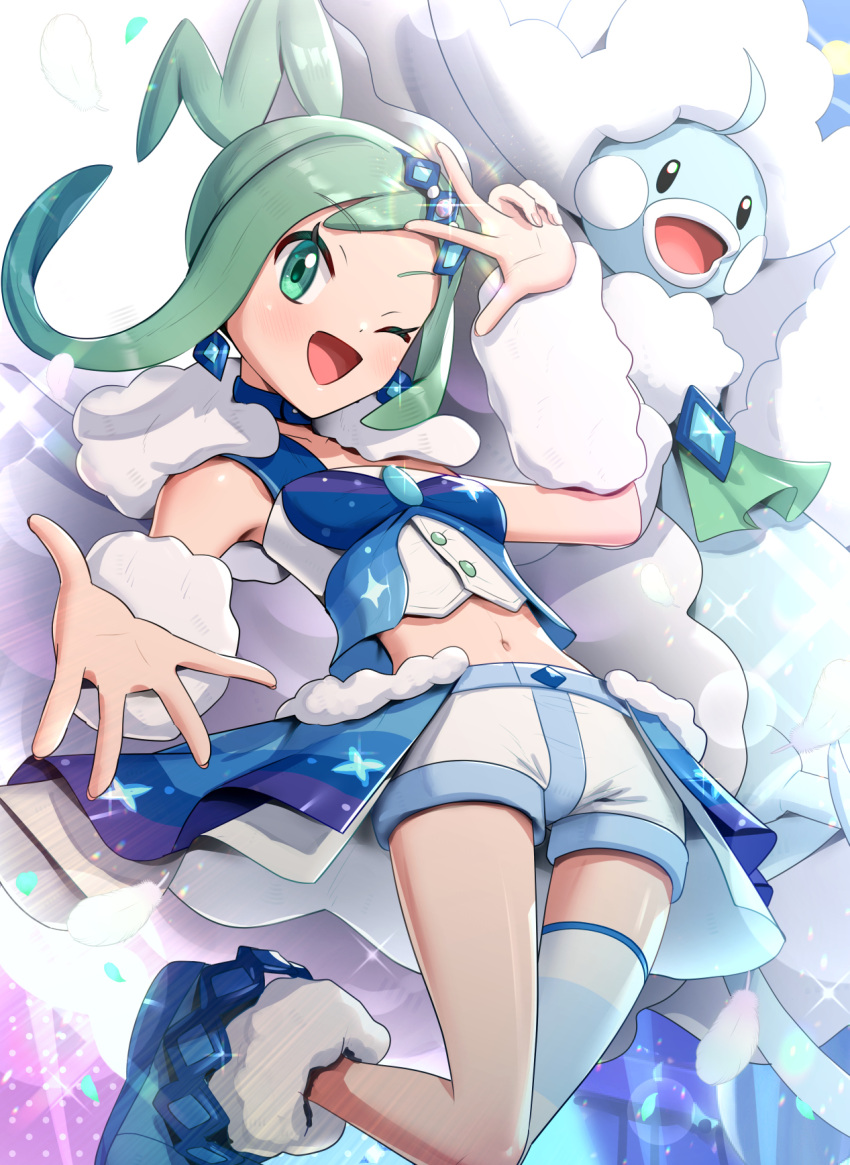 2022 ambiguous_gender blush breasts clothed clothing duo female gonzarez1938 green_eyes green_hair hair hi_res human lisia_(pokemon) looking_at_viewer mammal mega_altaria mega_evolution nintendo one_eye_closed pokemon pokemon_(species)