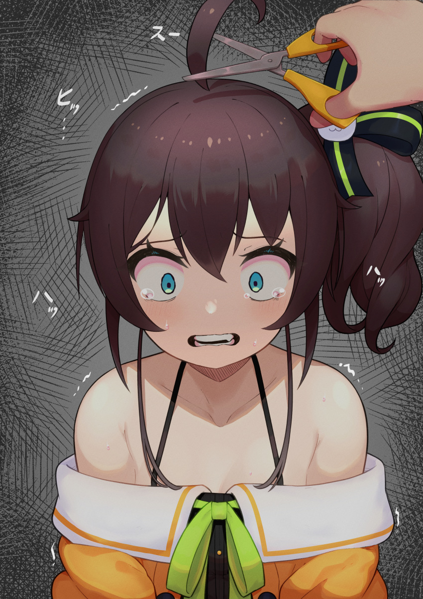 absurdres ahoge bare_shoulders blue_eyes brown_hair collarbone commentary_request crying crying_with_eyes_open cutting_hair female green_ribbons grey_background halterneck highres hololive lunch_boxer natsuiro_matsuri natsuiro_matsuri_(1st_costume) off_shoulder open_mouth partial_commentary ribbon scared scissors short_hair side_ponytail solo_focus tears teeth trembling upper_body virtual_youtuber wide-eyed