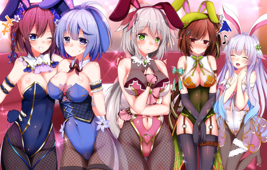 5girls animal_ears armlet beret black_gloves black_legwear blue_eyes blue_hair blue_leotard blush bow breasts brooch cleavage closed_eyes closed_mouth clothing_cutout couch covered_navel cowboy_shot elbow_gloves embarrassed fishnet_pantyhose fishnets flower flower_knight_girl gloves green_bow green_eyes green_headwear green_leotard grey_hair hair_ornament hair_ribbon hat highres ipheion_(flower_knight_girl) itosugi_(flower_knight_girl) jewelry large_breasts leotard long_hair multiple_girls musical_note navel_cutout nemunoki_(flower_knight_girl) own_hands_together pantyhose pink_bow pink_leotard playboy_bunny purple_hair rabbit_ears rabbit_tail red_eyes ribbon serruria_(flower_knight_girl) shiny_skin shironeko_haru short_hair smile sparkle standing statice_(flower_knight_girl) sweat tail thigh_strap thighhighs white_leotard x_hair_ornament