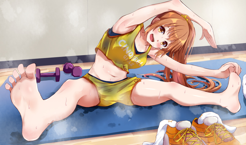 armpits arms_up bare_arms bare_legs bare_shoulders barefoot blonde_hair brown_eyes feet female gym_shorts gym_uniform highres iberiko_(soinesitai) idolmaster idolmaster_cinderella_girls looking_at_viewer navel open_mouth shoes shorts socks soles steaming_body sweat sweatdrop tank_top unworn_shoes unworn_socks wakabayashi_tomoka yellow_shorts yellow_tank_top