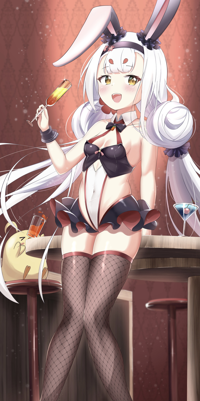 :d absurdres animal_ears azur_lane bar_(place) bar_stool bare_shoulders bird blunt_bangs blurry bow bowtie breasts brown_eyes chick cien_(shikanokuni) cleavage cocktail cocktail_glass collarbone commentary_request covered_navel cup depth_of_field detached_collar double_bun drinking_glass fake_animal_ears female fishnet_thighhighs fishnets frilled_skirt frills hair_between_eyes hair_bun hair_ornament hair_scrunchie hairband highres holding holding_cup long_hair looking_at_viewer low_twintails manjuu_(azur_lane) miniskirt playboy_bunny rabbit_ears scrunchie shimakaze_(azur_lane) shimakaze_(world's_speediest_bunny_waitress)_(azur_lane) sidelocks simple_background skirt smile solo stool thighhighs twintails white_hair wrist_cuffs