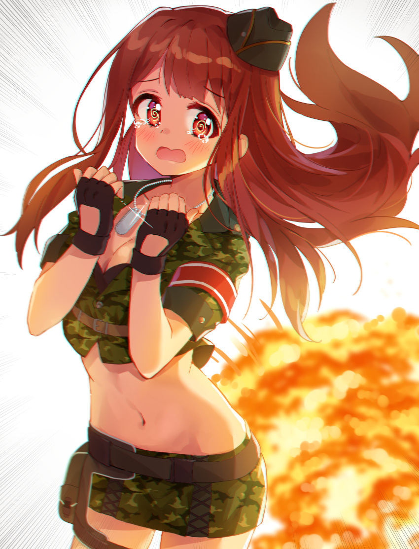 @_@ absurdres armband belt belt_pouch black_gloves breasts camouflage chobi_(penguin_paradise) cleavage cowboy_shot crop_top dog_tags explosion female fingerless_gloves floating_hair gloves green_shirt green_skirt hands_up hat highres idolmaster idolmaster_million_live! idolmaster_million_live!_theater_days long_hair looking_at_viewer medium_breasts midriff miniskirt navel open_mouth pouch red_eyes red_hair shirt short_sleeves skirt solo stomach tanaka_kotoha tears tilted_headwear wavy_mouth