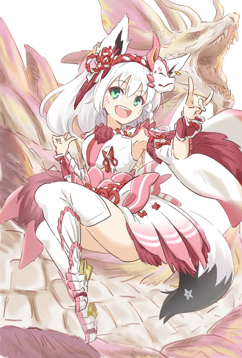 animal_ears boots braid commentary_request detached_sleeves dragon earrings eastern_dragon female fox_ears fox_girl fox_shadow_puppet fox_tail green_eyes hair_between_eyes hairband highres hololive jewelry long_hair looking_at_viewer mask mask_on_head mizutsune mizutsune_(armor) monster_hunter_(series) okudake open_mouth pentagram pink_skirt shirakami_fubuki shirt sidelocks single_braid skirt solo tail thigh_boots thighhighs virtual_youtuber white_hair white_shirt white_sleeves wide_sleeves