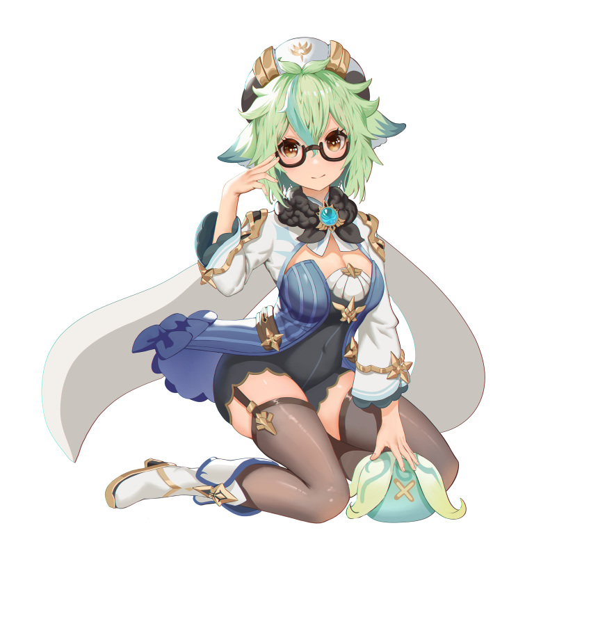 absurdres adjusting_eyewear animal_ears black_legwear breasts brown_eyes cape cat_ears cleavage commentary_request female garter_straps genshin_impact glasses green_hair hair_between_eyes hat high_heels highres kneeling long_hair long_sleeves looking_at_viewer multicolored_hair semi-rimless_eyewear sidelocks simple_background smile specter_(genshin_impact) streaked_hair sucrose_(genshin_impact) vision_(genshin_impact) white_background white_footwear y_zze