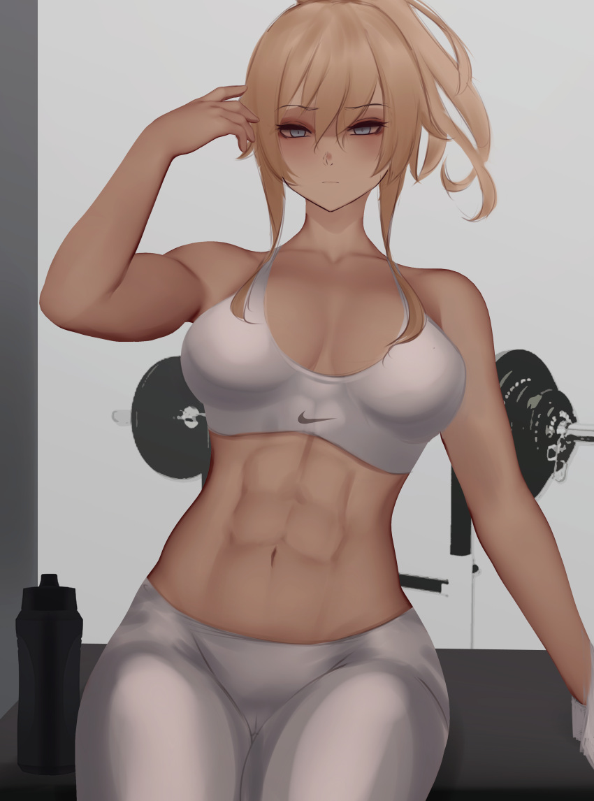 abs absurdres bad_id bad_pixiv_id blonde_hair blue_eyes bottle breasts buruma cleavage exercising female genshin_impact gym_uniform highres jean_(genshin_impact) large_breasts nike_(company) pants sidelocks sports_bra sportswear thighs tied_hair toned towel water_bottle weights white_pants white_sports_bra zaki_(zaki_btw)