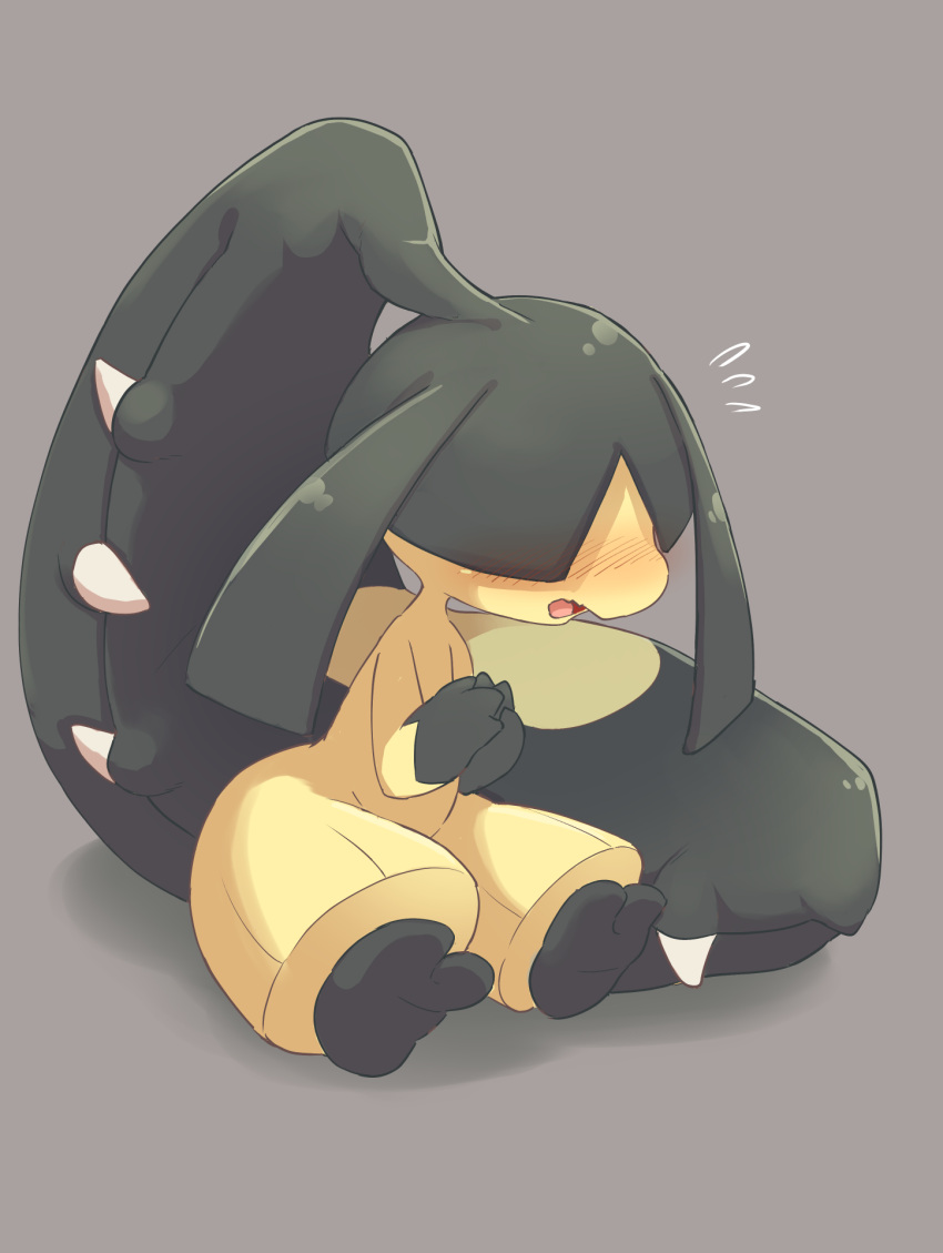 ambiguous_gender anthro blush bodily_fluids generation_3_pokemon grey_background hair hair_over_eyes hi_res mawile nintendo pokemon pokemon_(species) simple_background sitting solo sweat sweatdrop ukan_muri