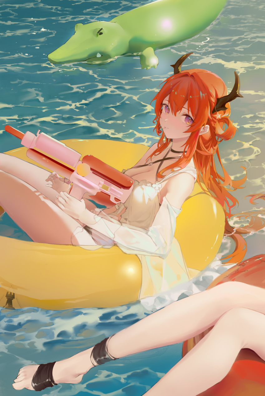 2girls absurdres arknights bare_shoulders barefoot breasts cherry cleavage detached_sleeves dingding_(chongsangjun) food fruit highres horns inflatable_crocodile innertube legs long_hair looking_at_viewer multiple_girls orange_hair purple_eyes surtr_(arknights) surtr_(colorful_wonderland)_(arknights) swim_ring toes water water_gun