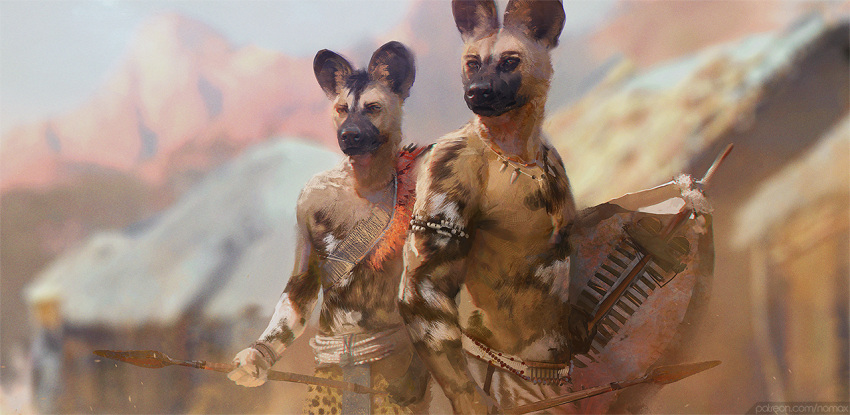 2021 african_wild_dog anthro black_nose canid canine clothed clothing day detailed_background digital_media_(artwork) duo fingers fur male mammal nomax outside sky standing tan_body tan_fur