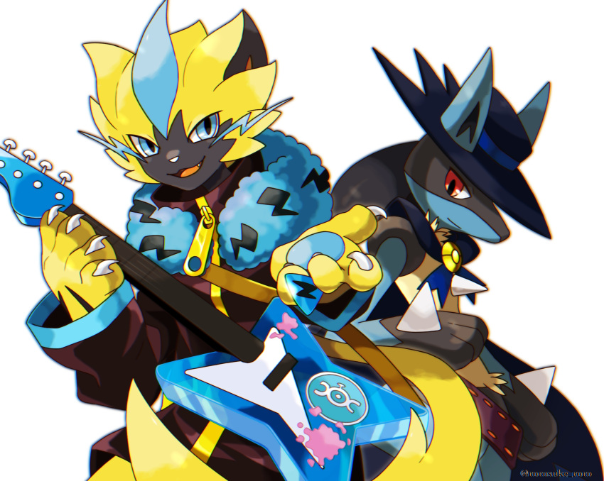 2boys :3 animal_ears artist_name bad_id bad_pixiv_id black_fur blue_eyes blue_fur blue_headwear brown_coat cat_boy cat_ears cat_tail chromatic_aberration claws closed_mouth clothed_pokemon coat commentary_request cosplay ears_through_headwear electric_guitar fur_collar furry furry_male guitar hands_up happy hat highres holding holding_instrument instrument lightning_bolt_print lightning_bolt_symbol long_sleeves looking_at_viewer lucario magnemite male_focus multiple_boys oerba_yun_fang open_mouth pawpads plectrum poke_ball_symbol poke_ball_theme pokemon pokemon:_lucario_and_the_mystery_of_mew pokemon_(anime) pokemon_(creature) pokemon_rse_(anime) reaching reaching_towards_viewer red_eyes rorosuke sideways_mouth simple_background sir_aaron sir_aaron_(cosplay) smile spikes splatter standing tail transparent twitter_username two-tone_fur watermark whiskers white_background wolf_boy wolf_ears yellow_fur zeraora zipper_pull_tab