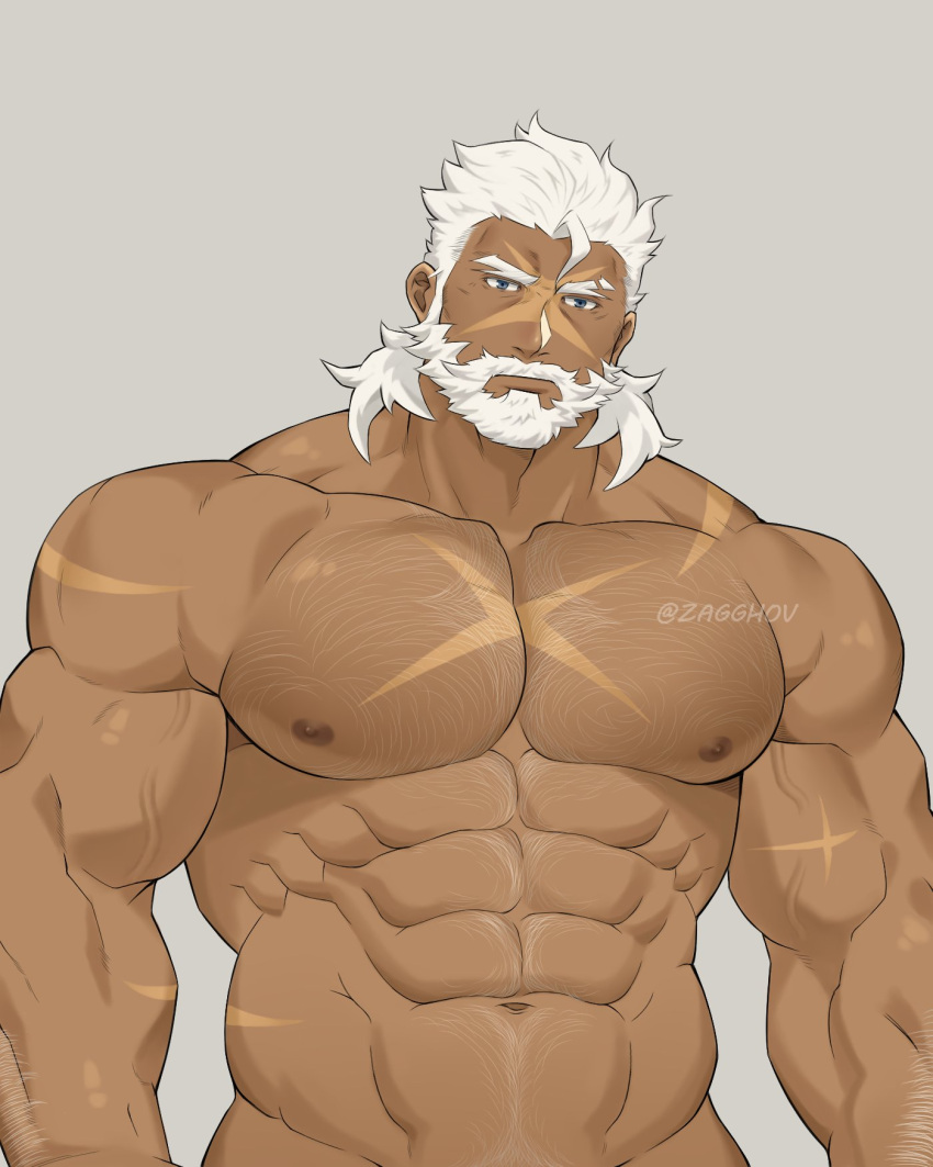 1boy abs arm_hair bara beard blue_eyes chest_hair completely_nude cookie_run cross_scar dark-skinned_male dark_skin facial_hair groin hairy highres humanization large_pectorals looking_at_viewer male_focus mature_male medium_hair muscular muscular_male navel navel_hair nipples nude obliques pectorals scar scar_on_chest scar_on_face scar_on_forehead solo stomach tea_knight_cookie thick_eyebrows upper_body veins white_hair zagghov