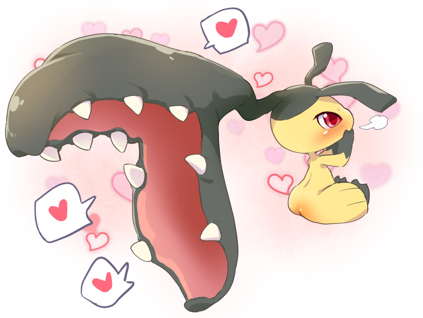 ambiguous_gender anthro blush generation_3_pokemon hands_over_mouth heart_symbol hi_res mawile nintendo open_mouth pokemon pokemon_(species) red_eyes sitting solo ukan_muri