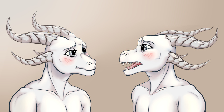 2021 2:1 amber_wind anthro blush dragon duo embarrassed eye_contact fangs grey_eyes hi_res horn looking_at_another male mythological_creature mythological_scalie mythology open_mouth saren_(saren662) scalie scared simple_background teeth white_body