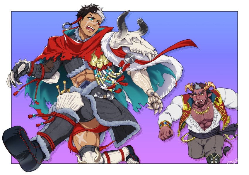 2boys abs alec_(another_eidos) another_eidos-r artist_name bara beard belt black_hair blue_eyes blush boots brown_hair cape chest_armor claws clenched_hand coat collared_coat collared_shirt crop_top dagger dark-skinned_male dark_skin demon demon_boy facial_hair gauntlets gloves grey_hair hairy heterochromia highres horns jewelry knee_pads knife large_pectorals leg_armor long_sleeves looking_at_another looking_back male_focus male_underwear multicolored_hair multiple_boys muscular muscular_male necklace nervous oerba_yun_fang open_mouth pectorals pointy_ears prosthesis prosthetic_arm running scar scar_across_eye scar_on_face scar_on_leg shirt skirt skull stalon_(another_eidos) sweat sweatdrop sword tail tan teeth thick_arms thick_eyebrows thick_thighs thighs tight_clothes tongue tusks underwear weapon white_hair yanai_inaya