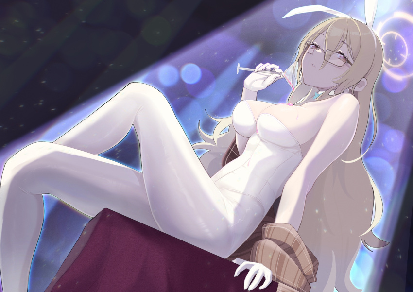 absurdres akane_(blue_archive) akane_(bunny)_(blue_archive) animal_ears arm_support blue_archive breasts brown_eyes cup drinking_glass fake_animal_ears female glasses gloves hair_between_eyes halo highres holding holding_cup large_breasts leotard light_brown_hair long_hair looking_at_viewer official_alternate_costume pantyhose parted_lips playboy_bunny rabbit_ears sideboob sitting solo urode white_gloves white_leotard white_pantyhose