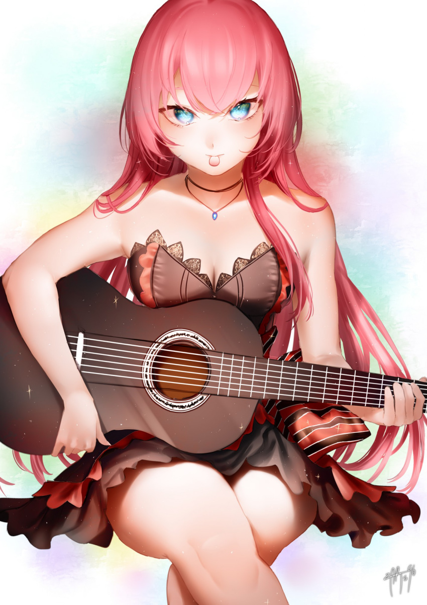 acoustic_guitar amour_(module) bare_arms blue_eyes blue_gemstone breasts brown_dress cleavage commentary crossed_legs dress english_commentary female floating_hair gem guitar hair_between_eyes hair_over_shoulder highres holding holding_instrument instrument invisible_chair jewelry long_hair looking_at_viewer medium_breasts megurine_luka mouth_hold pendant pink_hair plectrum plectrum_in_mouth project_diva_(series) short_dress sitting solo straight_hair strapless strapless_dress very_long_hair vocaloid zasshu