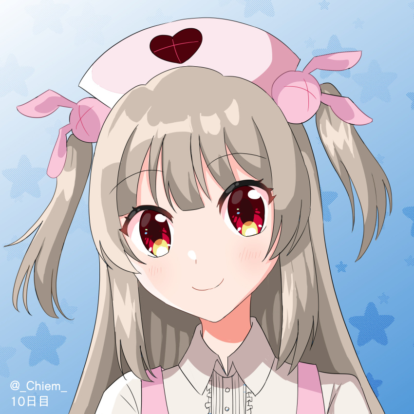 blush chiem closed_mouth collared_shirt female gradient_background grey_hair hair_ornament hat highres long_hair looking_at_viewer natori_sana nurse_cap pink_hat portrait rabbit_hair_ornament red_eyes sana_channel shirt solo two_side_up virtual_youtuber