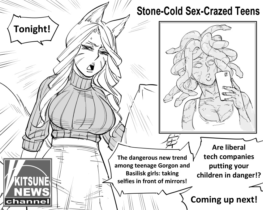 2girls absurdres animal_ears bb_(baalbuddy) breasts cellphone cleavage commentary drill_hair english_commentary english_text facial_mark fox_ears fox_news fox_tail greyscale highres holding holding_phone kitsune large_breasts long_hair looking_at_viewer medusa_(mythology) monochrome multiple_girls news open_mouth original petrification phone puckered_lips reporter ribbed_sweater simple_background skirt smartphone snake_hair sweater tail whisker_markings white_background