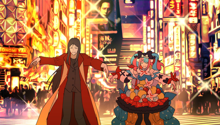 1boy aged_up black_hair ciki_ciki_bam_bam coat dancing eyewear_hang fate/grand_order fate_(series) female formal highres lamppost long_hair lord_el-melloi_ii lord_el-melloi_ii_case_files multicolored_hair paripi_koumei parody road sagta_panggang sei_shounagon_(fate) sei_shounagon_(second_ascension)_(fate) street suit trait_connection unworn_eyewear waver_velvet