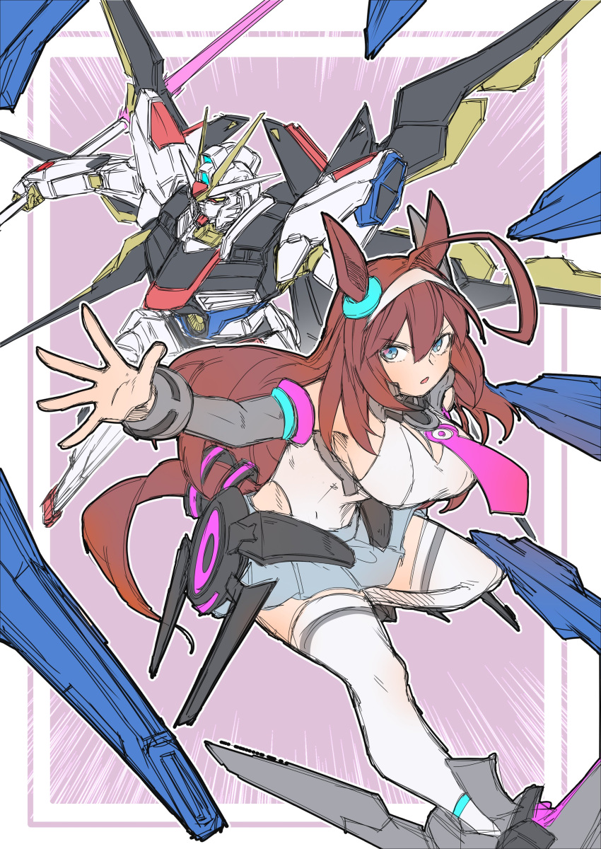 absurdres ahoge animal_ears breasts brown_hair detached_sleeves female grey_hairband grey_skirt gundam gundam_seed hairband highres horse_ears horse_girl horse_tail large_breasts long_hair looking_at_viewer maromaron_taitei mecha_musume mihono_bourbon_(umamusume) miniskirt necktie one-hour_drawing_challenge pink_necktie sideboob skirt solo strike_freedom_gundam tail thighhighs umamusume white_thighhighs