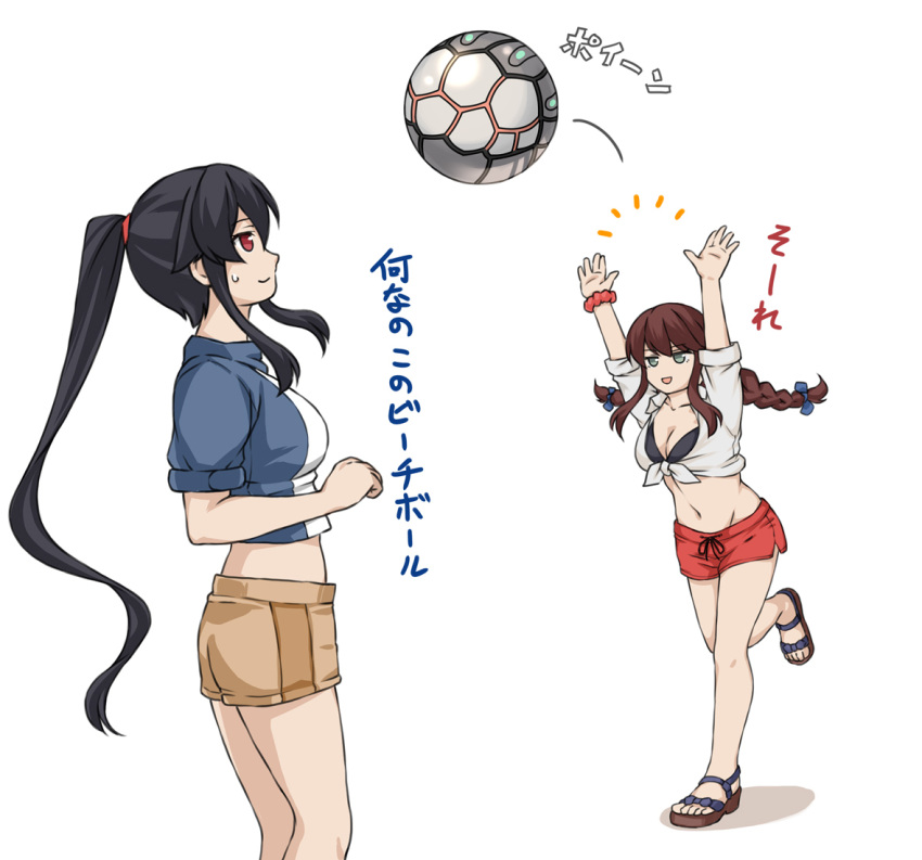 2girls abyssal_ship alternate_costume ball black_hair blue_shirt braid breasts brown_hair brown_shorts cleavage commentary_request enemy_naval_mine_(kancolle) green_eyes kantai_collection long_hair midriff multiple_girls noshiro_(kancolle) official_alternate_costume ponytail red_eyes red_shorts shirt shorts sidelocks simple_background suda_(yuunagi_enikki) swept_bangs teeth tied_shirt twin_braids white_background yahagi_(kancolle)