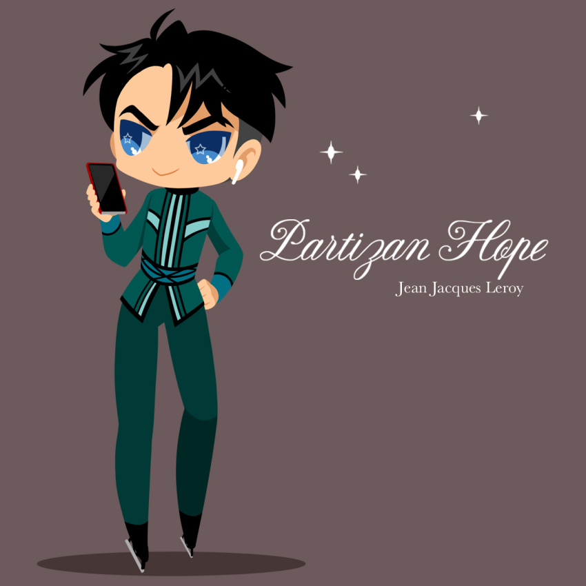 1boy :> airpods black_hair blue_eyes brown_background cellphone character_name earbuds earphones english_text green_pants hand_on_own_hip highres ice_skates jean-jacques_leroy kaorin_minogue male_focus pants phone skates smartphone sparkle star-shaped_pupils star_(symbol) symbol-shaped_pupils wireless_earphones yuri!!!_on_ice