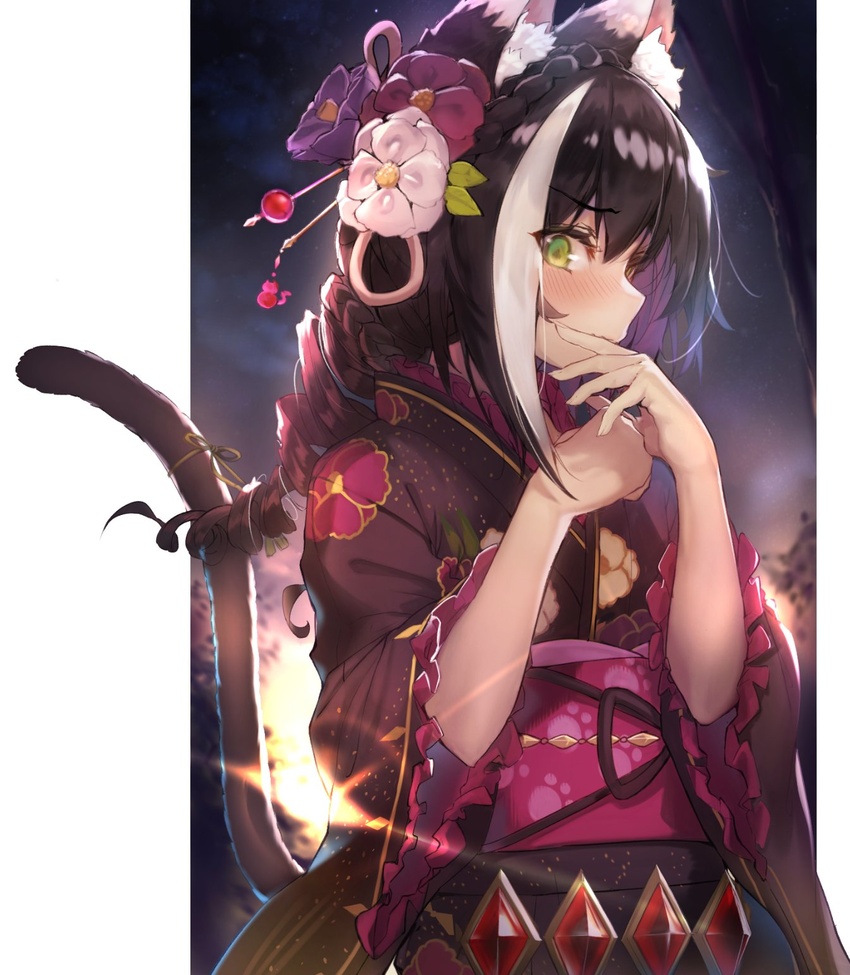 akieda animal_ear_fluff animal_ears backlighting black_hair blush braid breasts cat_ears cat_girl cat_tail crown_braid drill_hair female floral_print flower green_eyes hair_flower hair_ornament highres japanese_clothes karyl_(new_year)_(princess_connect!) karyl_(princess_connect!) kimono long_hair long_sleeves looking_at_viewer multicolored_hair obi princess_connect! print_kimono purple_kimono sash small_breasts solo streaked_hair tail white_hair