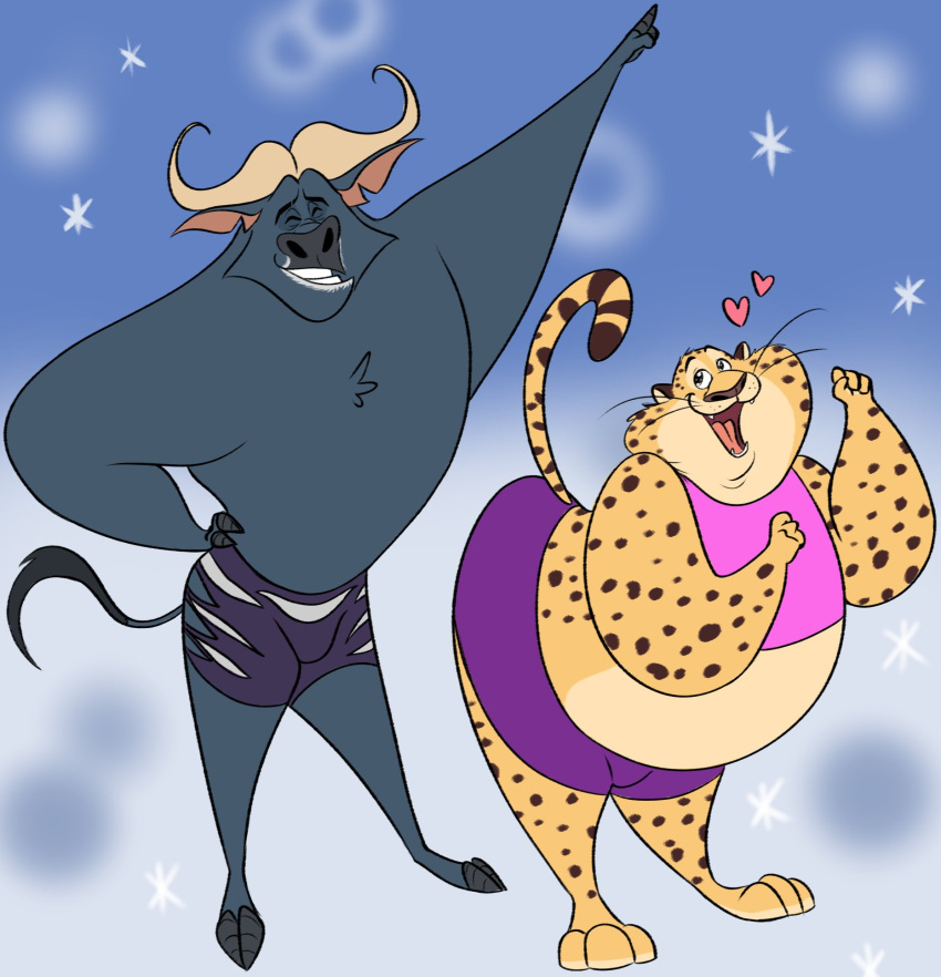 2021 3_toes anthro barefoot benjamin_clawhauser bottomwear bovid bovine bulge cape_buffalo cheetah chief_bogo clothing cloven_hooves countershading disney duo edtertainerd feet felid feline fur heart_symbol hi_res hooves horn male mammal obese obese_anthro obese_male overweight overweight_anthro overweight_male shorts simple_background toes zootopia zootopia_shorts