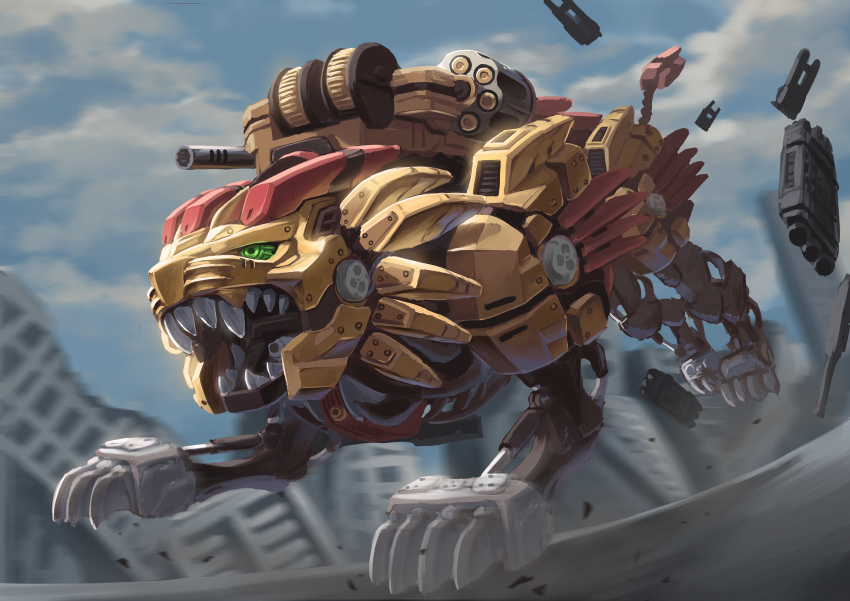 absurdres alkham bad_id bad_pixiv_id cloud glowing glowing_eyes highres looking_ahead mecha no_humans non-humanoid_robot open_mouth rising_liger robot robot_animal ruins running science_fiction sharp_teeth sky solo teeth zoids zoids_wild zoids_wild_zero