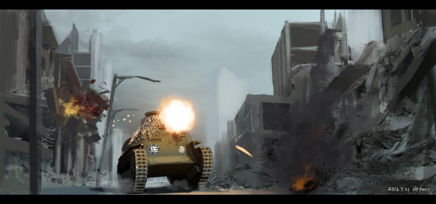 artist_name bad_id bad_pixiv_id building dated destruction emblem explosion firing furukawa_herzer girls_und_panzer highres letterboxed military military_vehicle motor_vehicle no_humans ooarai_(emblem) outdoors ruins signature tank type_89_i-gou vehicle_focus volleyball war