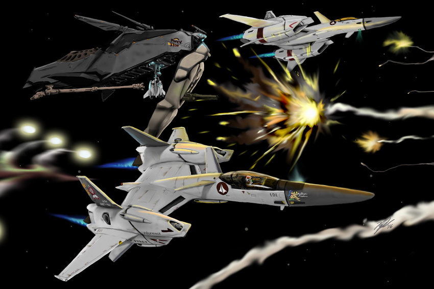 2016 afterburner aircraft airplane antennae armor battle canards cannon canopy_(aircraft) cockpit commentary_request contrail energy_cannon explosion falconkpd fighter_jet hatchet_class_destroyer helmet highres insignia jet macross macross_vf-x macross_vf-x2 military military_vehicle missile nose_art photoshop_(medium) pilot pilot_suit radar realistic science_fiction space spacecraft spacesuit star_(sky) u.n._spacy variable_fighter vehicle_focus vf-4