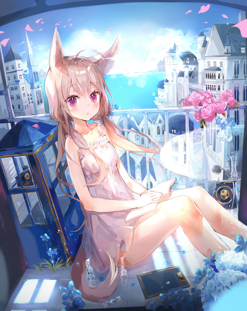 :o absurdres ahoge animal_ears antique_phone b_rock bad_id bad_pixiv_id balcony bare_arms blonde_hair blue_sky blush book breasts building chess_piece cloud commentary commission day dress english_commentary feet_out_of_frame female fence flower glass_table highres horizon knees_up long_hair looking_at_viewer low_twintails mole mole_under_mouth ocean open_book open_mouth original petals phone pink_eyes pink_flower pink_rose rose rotary_phone sitting sky sleeveless sleeveless_dress small_breasts solo sunlight table tail tears twintails vase water white_dress