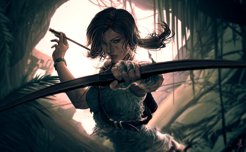 arrow_(projectile) bandaged_arm bandaged_hand bandages bare_shoulders bow_(weapon) brown_eyes brown_hair cave commentary dirty dirty_face english_commentary female hair_lift highres holding holding_arrow holding_bow_(weapon) holding_weapon hue_vang jungle lara_croft leaf light looking_at_viewer nature outdoors parted_lips quiver solo tank_top tomb_raider tomb_raider_(reboot) torn_clothes weapon