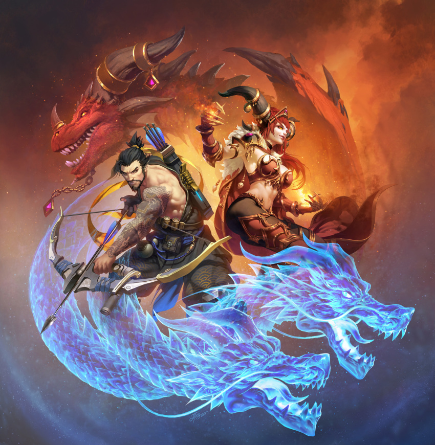 alexstrasza arm_tattoo armor arrow back-to-back beard bikini_armor blizzard_(company) bow_(weapon) breasts claw_(weapon) commentary company_connection crossover dmitry_prozorov dragon english_commentary facial_hair female gauntlets hanzo_(overwatch) heroes_of_the_storm highres horns large_breasts long_hair muscle official_art overwatch quiver red_hair shirt_lift short_ponytail tattoo trait_connection warcraft weapon world_of_warcraft