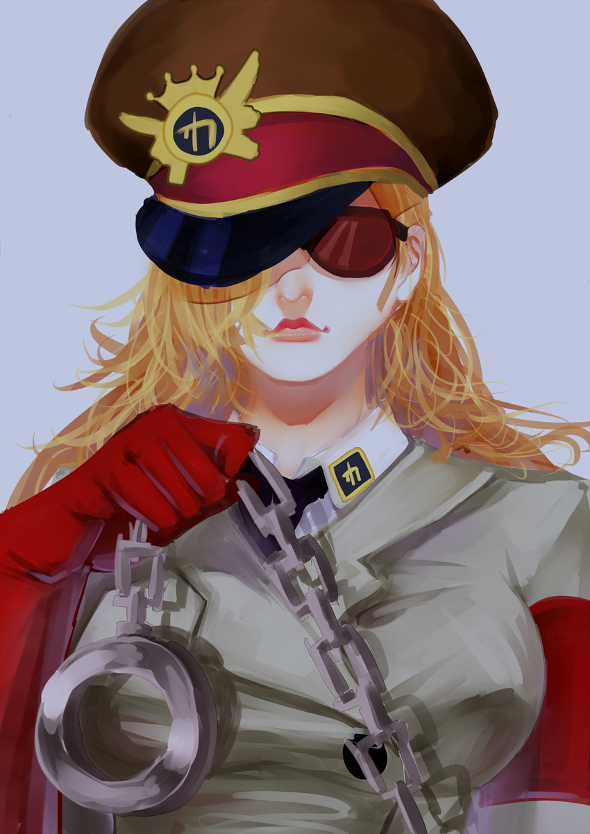 8chinchin absurdres blonde_hair chains commentary_request curly_hair domino_(one_piece) female gloves grey_background hair_over_one_eye hat highres long_hair military military_hat military_uniform one_piece portrait simple_background solo sunglasses uniform