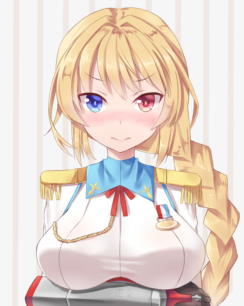 aiguillette blonde_hair blue_eyes blush braid breasts chinese_commentary commentary_request crossed_arms female heterochromia highres jeanne_d'arc_(warship_girls_r) ji_dao_ji large_breasts long_hair looking_at_viewer medal military military_uniform red_eyes single_braid solo taut_clothes uniform upper_body warship_girls_r