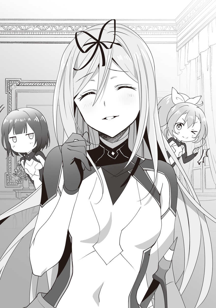 3girls ;) bodysuit bow breasts closed_eyes covered_navel facing_viewer floating_hair gloves greyscale hair_between_eyes hair_ribbon hairband hairbow high_ponytail highres indoors krulcifer_einfolk long_hair monochrome multiple_girls murakami_yuichi non-web_source novel_illustration official_art one_eye_closed parted_lips ribbon saijaku_muhai_no_bahamut sheath sheathed short_hair small_breasts smile solo_focus sword upper_body v-shaped_eyebrows very_long_hair weapon