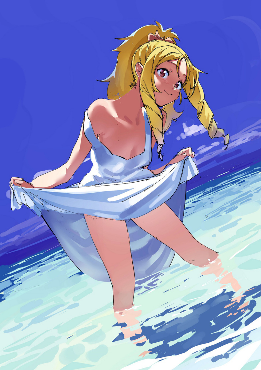 bare_shoulders blonde_hair blue_sky blush bow breasts cleavage closed_mouth commentary_request day dress drill_hair drill_sidelocks eromanga_sensei female hairbow highres kitou_sakeru looking_at_viewer ocean ponytail red_eyes sidelocks skirt_hold sky small_breasts smile solo standing strap_slip wading water white_dress yamada_elf