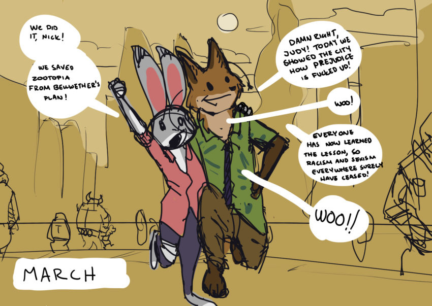 ambiguous_gender anthro axelegandersson canid canine clothed clothing disney english_text female fox fully_clothed judy_hopps lagomorph leporid male mammal necktie nick_wilde rabbit speech_bubble text zootopia