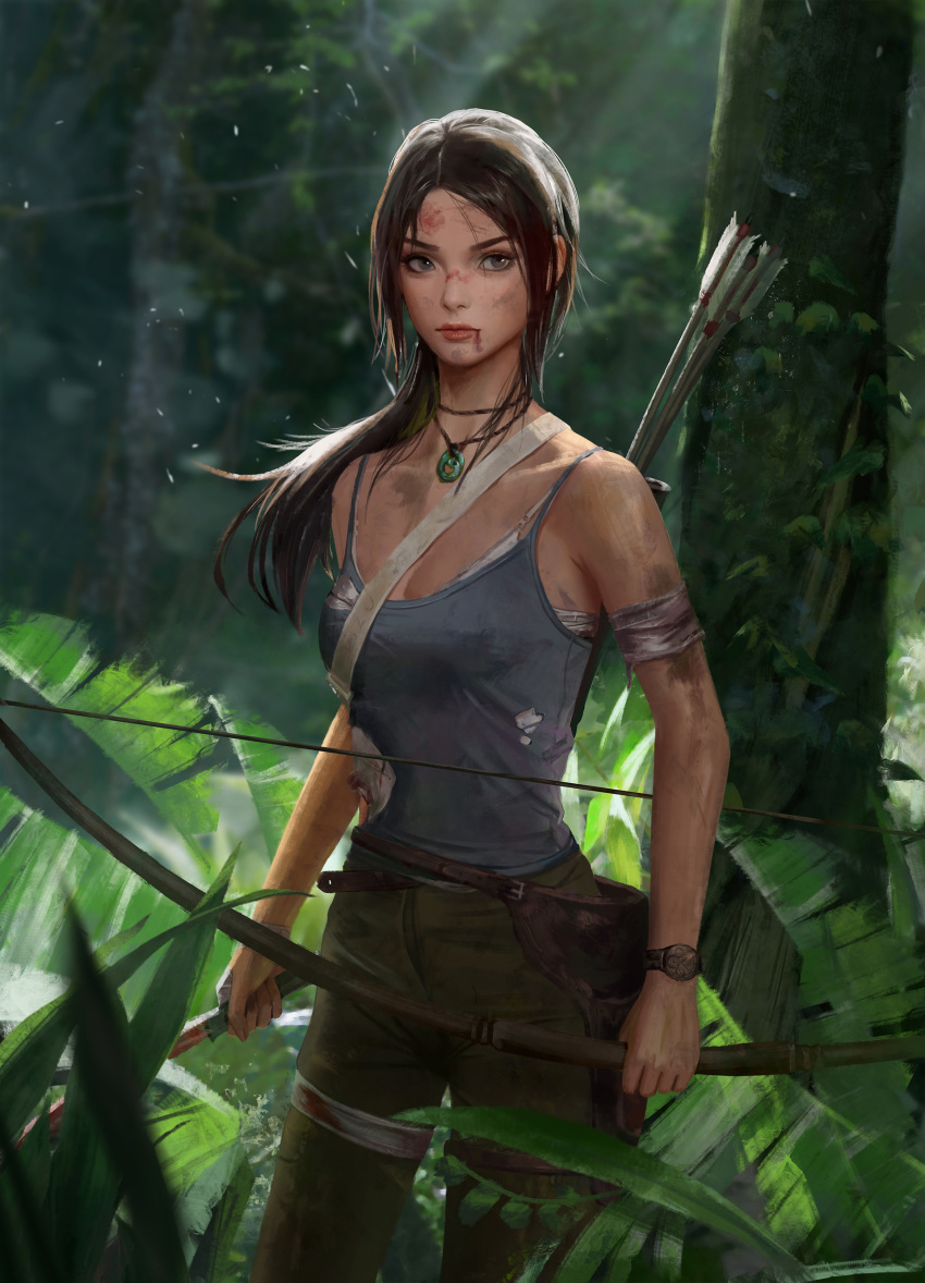 absurdres arrow_(projectile) bandaged_leg bandages bare_shoulders blood bow_(weapon) breasts brown_eyes brown_hair bruise cleavage closed_mouth commentary dirty english_commentary female highres holding holding_weapon injury jewelry jungle lara_croft leaf long_hair machete medium_breasts nature necklace outdoors qianyu_mo quiver red_lips solo sunlight tank_top tomb_raider tomb_raider_(reboot) torn_clothes tree watch weapon