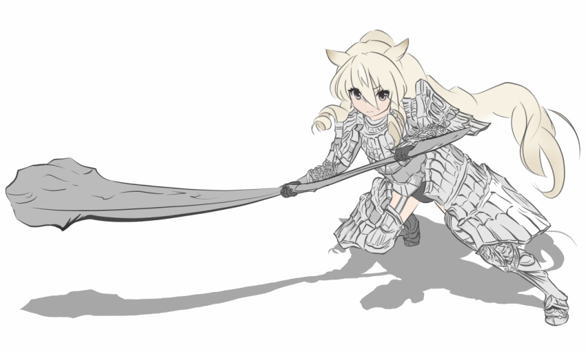 animal_ears armor blonde_hair club_(weapon) commentary_request cosplay dark_souls_(series) dark_souls_i dragon's_tooth_(dark_souls) eyes_visible_through_hair female full_body havel_the_rock havel_the_rock_(cosplay) holding holding_weapon iru_(pixiv3351975) kemono_friends ponytail serious shadow solo weapon white_background white_rhinoceros_(kemono_friends)