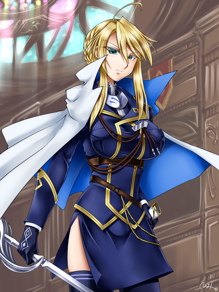 ahoge artoria_pendragon_(fate) artoria_pendragon_(lancer)_(fate) artoria_pendragon_(lancer)_(formal_dress)_(fate) bad_id bad_pixiv_id blonde_hair braid braided_bun breasts cape fate/grand_order fate_(series) female from_below gloves hair_bun highres holding holding_sword holding_weapon large_breasts omega_na_hito scabbard sheath side_slit sidelocks skindentation smirk solo stained_glass sword thighhighs unsheathed weapon