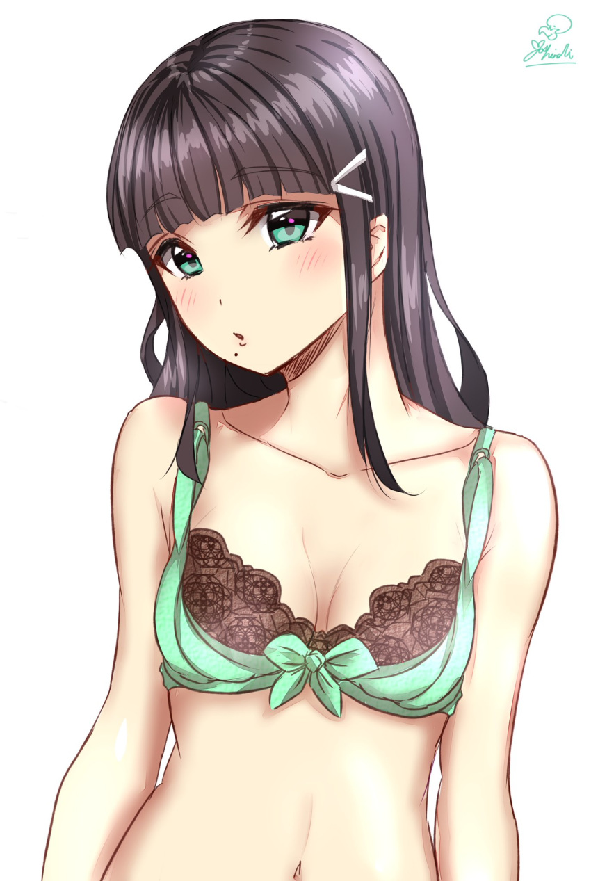 :o =o bangs bare_arms bare_shoulders black_hair blush bow bow_bra bra breasts cleavage collarbone eyebrows_visible_through_hair female green_bra green_eyes hair_tie highres kaya_(yoshina9) kurosawa_dia lace lace-trimmed_bra long_hair looking_at_viewer love_live! love_live!_sunshine!! mole mole_under_mouth navel open_mouth sidelocks signature simple_background small_breasts solo underwear white_background